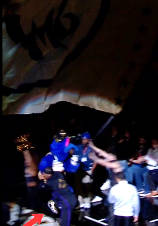 Jaxson Hayes shoving the Wizards mascot, G-Wiz, during pre-game introductions.